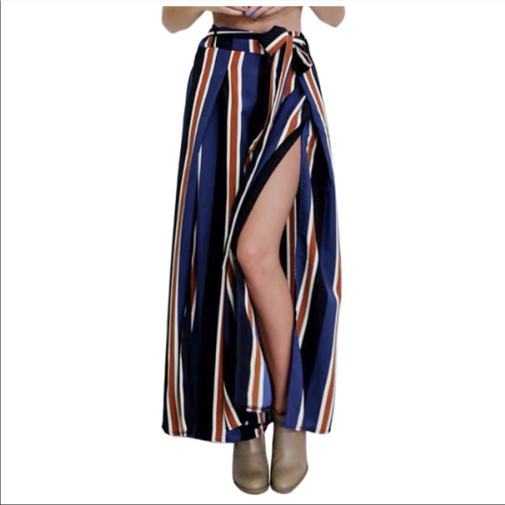 Stripped wide leg pants with belt - Picture 6 of 16